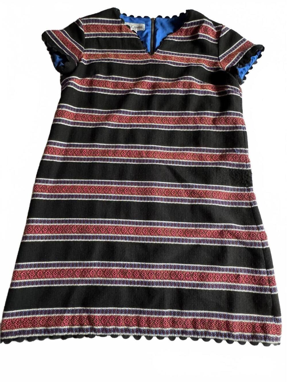 Sara Campbell Striped Dress Scalloped Hem Short Sleeve Made in USA Size 14